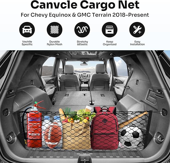 Trunk Cargo Net for 2018-2025 2026 Chevy Equinox & GMC Terrain Accessories Envelope Style Mesh Trunk Net Organizer and Storage Stretchable Elastic Nylon Rear Cargo Netting with Hooks