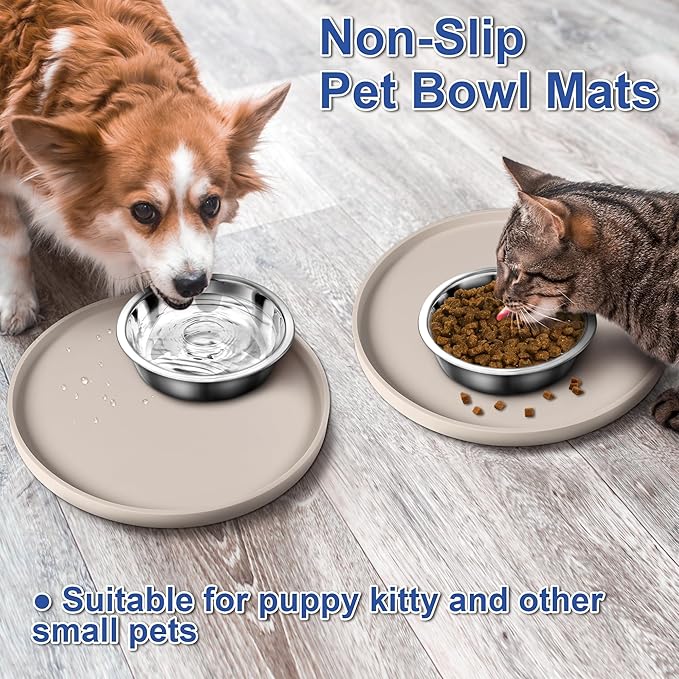 Arespark Dog Food Mat, Nonslip Waterproof Dog Silicone Feeding Bowl Mat with Raised Edges for Floors Prevent Spills, Round Eating Plate Puppy Supplies 10inch