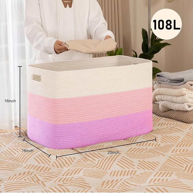 OIAHOMY 108L Super Large Blanket Basket, 25”x16”x16” Rectangle Woven Baskets for Storage, Cotton Rope Basket For Living Room, Toy Storage with Handle - Gradient Pink