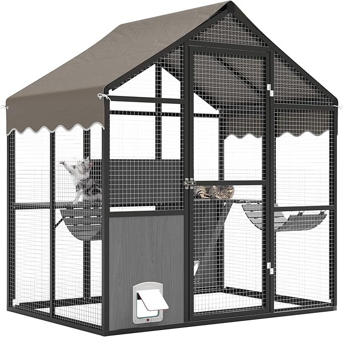 Aluminum Extra Large Catio Outdoor Cat Enclosure for Multiple Cats, Catio Large Cat Run, Cats Run Enclosure Walk in Kitten Condo with Channels, Side Door, UV Proof Cover, Huge Condo, Platform