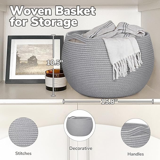 Goodpick Large Toy Storage for Kids, Woven Storage Basket for Nursery Living Room, Decorative Basket for Baby Boy Gifts, Gray, 15.7"D x 10.5"H