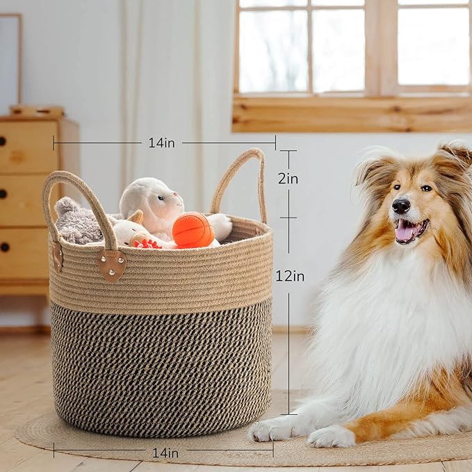 CHICVITA Wicker Laundry Basket With Handles, Storage Baskets for Decor, Rope Basket for Blankets, Toys, Clothes, Shoes, Plant Basket for Living Room, 14" X 14" X 12"
