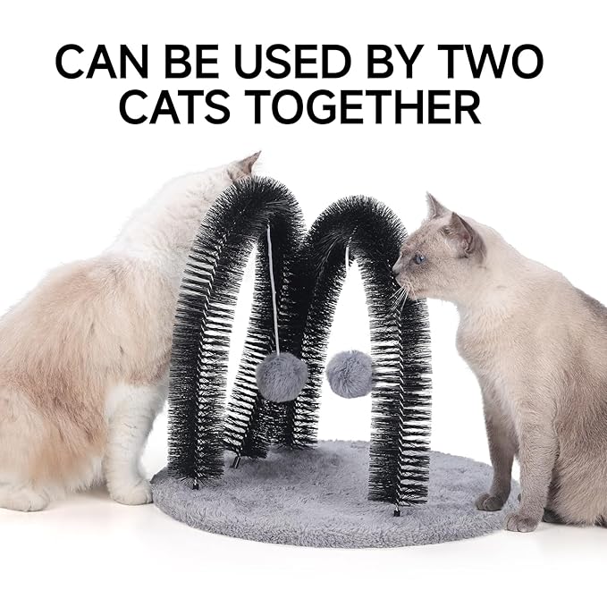 Cat Arch Self Groomer Massager, Kitty Grooming Brush with 2 Brushes and Heavy Plush Base, Cat Face and Back Scratchers, Rubbing Post for Indoor and Outdoor Cats with 2 Plush Balls