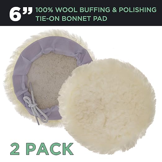 TCP Global Premium 6 Inch Wool Buffing Pads (2 Pack) - 100% Natural Wool Buffer Pads, Polishing Pad for Car Detailing - 1 Inch Thick Pile, Tie-On Bonnet Buffing Pad for Orbital Buffer