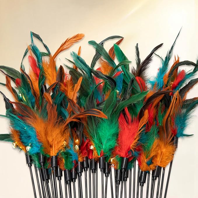 Leitee 50 Pcs Cat Wand Toy Feather Stick Cat Toy Feather Toys and Teaser Wand Bulk Interactive Stick for Indoor
