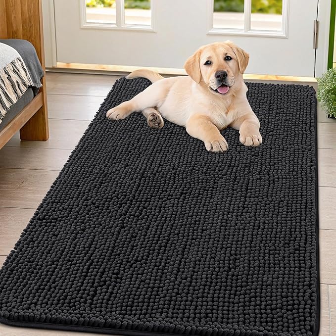 Smiry Dog Door Mat for Muddy Paws 54x32, Absorbs Moisture and Dirt Doormat, Non-Slip Washable Quick Dry Chenille Front Door Mat Indoor Entrance, Entryway Carpet for Inside Floor, Black
