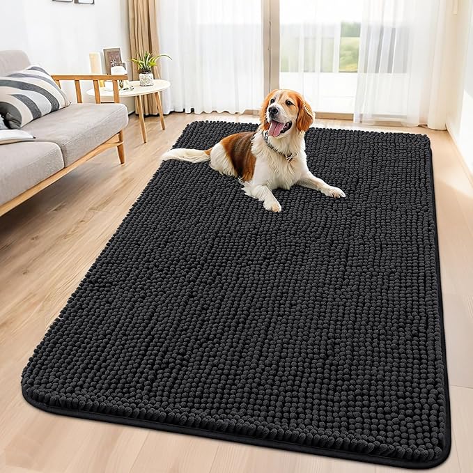 Smiry Dog Door Mat for Muddy Paws 59x32, Absorbs Moisture and Dirt Doormat, Non-Slip Washable Quick Dry Chenille Front Door Mat Indoor Entrance, Entryway Carpet for Inside Floor, Black