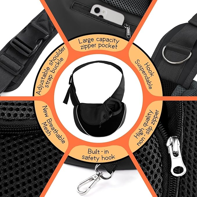 YUDODO Pet Sling Carrier for 10-15 lbs Small Dogs & Cats – Hands-Free Puppy Carrier with Safety Hook, Large Zipper Pocket, Soft Breathable Mesh, Adjustable Strap & Reflective Strip (Black 2.0 L)