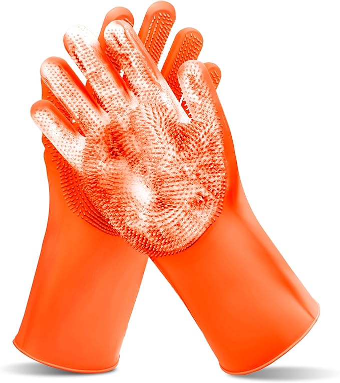 Maiiu Pet Grooming Gloves—Heat Resistant Dog Washing Gloves with High-Density Teeth, Dog Bath Scrubber with Enhanced Five Finger Design, Silicone Gloves for Dogs and Cats Bathing, Massage (Orange)