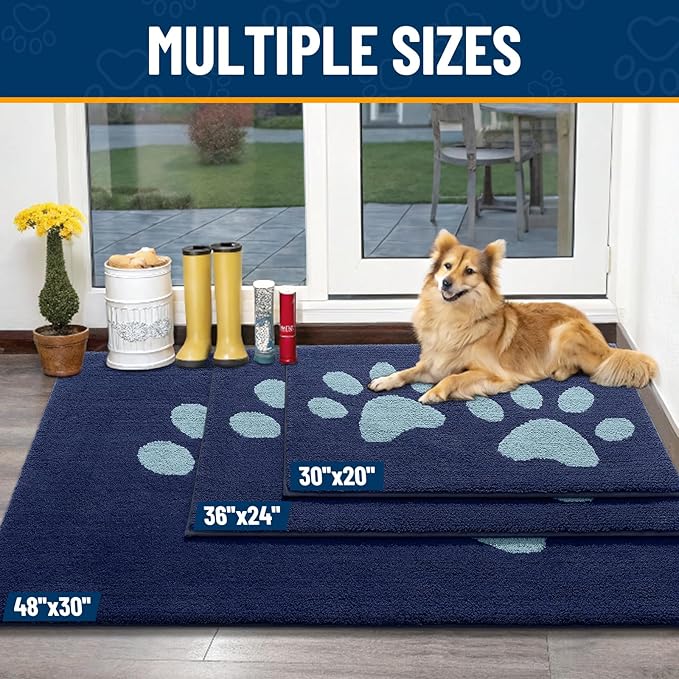 Smiry Dog Door Mat for Muddy Paws, Absorbs Moisture and Dirt, Low-Profile Entryway Mat with Non-Slip Backing, Entry Indoor Outdoor Doormat for Inside Floor (30x20 Inches, Dark Blue, Paw)
