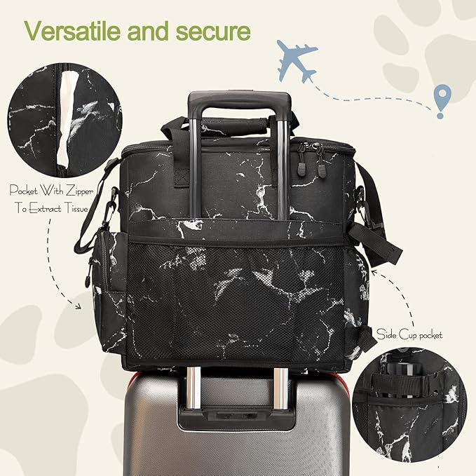 LARIPOP Dog Travel Bag,Weekend Pet Travel Bag Set,Airline Approved Tote,Multi-Function Dog Bags for Traveling,Include 2 Collapsible Bowls,2 Food Storage Containers,1 Feeding Mat,Marble
