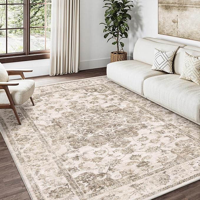 5x7 Washable Neutral Area Rug Brown Vintage Living Room Bedroom Carpet Non-Slip Soft Low Pile Farmhouse Indoor Throw Rug for Dining Room Entryway Office