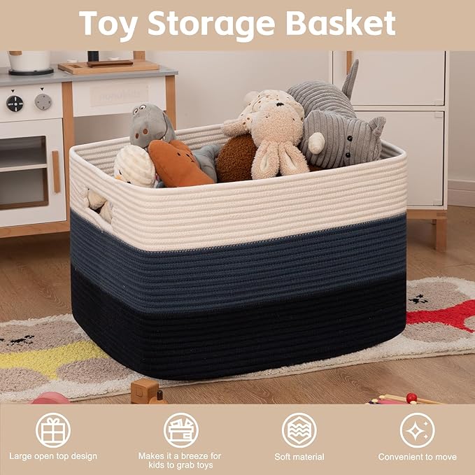 OIAHOMY 118L Extra Large Blanket Basket, Rectangle Woven Cotton Rope Storage Basket,Used for storing Dirty Clothes, Stuffed Animal Toy Storage for Living Room,Kids Room,25" x 17" x 16", Gradient Blue