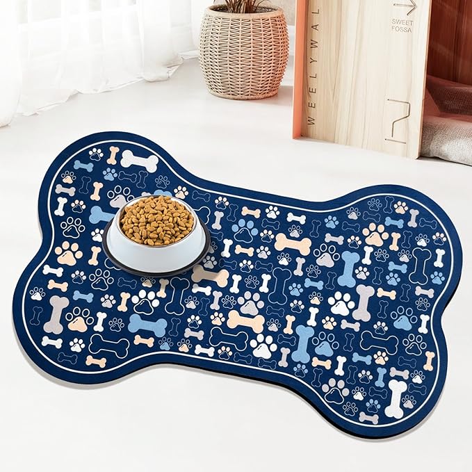 Dog & Cat Food Mat Bone Shaped Pet Feeding Mat Quick Absorb Water Bowl Placemat with Rubber Backing Indoor Floor Stain Resistant Pet Accessory Supplies (Blue, 17x29 Inches)