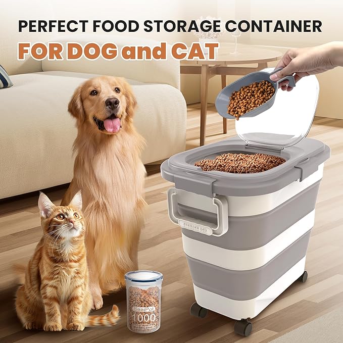 DDMOMMY 23-25 Lbs Airtight Dog Food Storage Container,Collapsible Pet food storage Container,All-in-One Cat Food Container Set with Scoops,Can Covers & Can Opener Spoons,Small Bin and Waste Bags