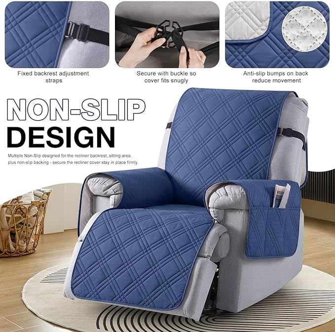 TAOCOCO Waterproof Recliner Chair Covers 30 Inch Wide, Oversized Recliner Covers for Recliner Chair with Pocket, Recliner Slipcovers with Straps Furniture Protector for Kids Pets (30'', Ocean Blue)