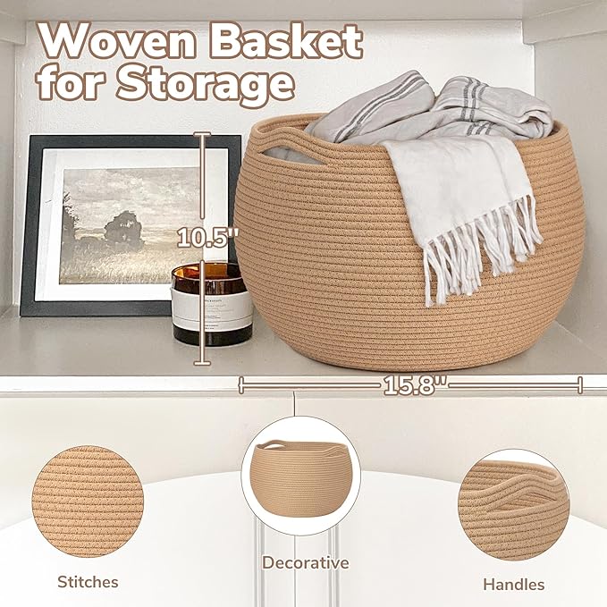 Goodpick Large Toy Storage for Kids, Woven Baby Basket for Nursery Living Room, Empty Decorative Basket for Gifts, Round Storage Baskets for Shelves, Camel, 15.7"D x 10.5"H