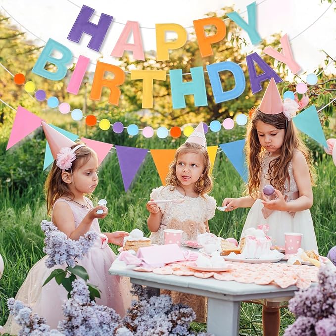 4 Strings Happy Birthday Felt Banner Decoration Pastel Birthday Sign Hanging Garland Reusable Bunting Banner Pom Pom Garland Backdrop Decor for Girls Boys Bday Party Supplies Wall Decor