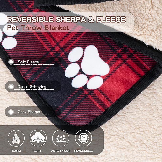 CAPT.SNOOZE Waterproof Dog Blankets Pet Blanket 60"x80", Soft Fluffy Sofa Car Bed Protector, Reversible Sherpa Fleece Dog Blanket for Large Dogs Christmas Decor(Paw Red)