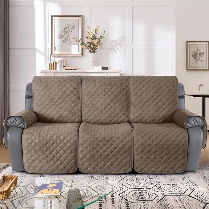 TAOCOCO 100% Waterproof Recliner Couch Covers, Recliner Sofa Covers with Leg Straps, 1-Piece Washable Reclining Sofa Cover with Pocket Couch Protector for Pets Kids(3 Seater, Taupe)