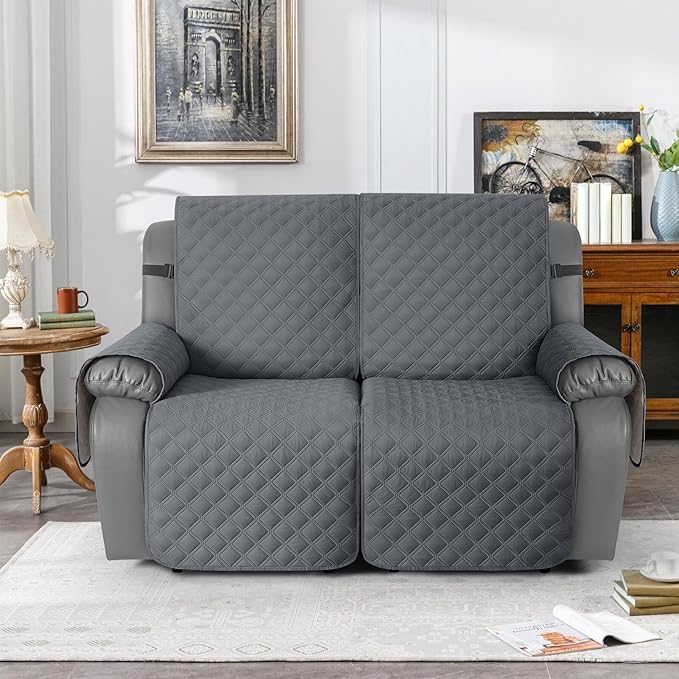 TAOCOCO 100% Waterproof Recliner Couch Covers, Recliner Sofa Covers with Leg Straps, 1-Piece Washable Reclining Sofa Cover with Pocket Couch Protector for Pets Kids(2 Seater, Dark Grey)