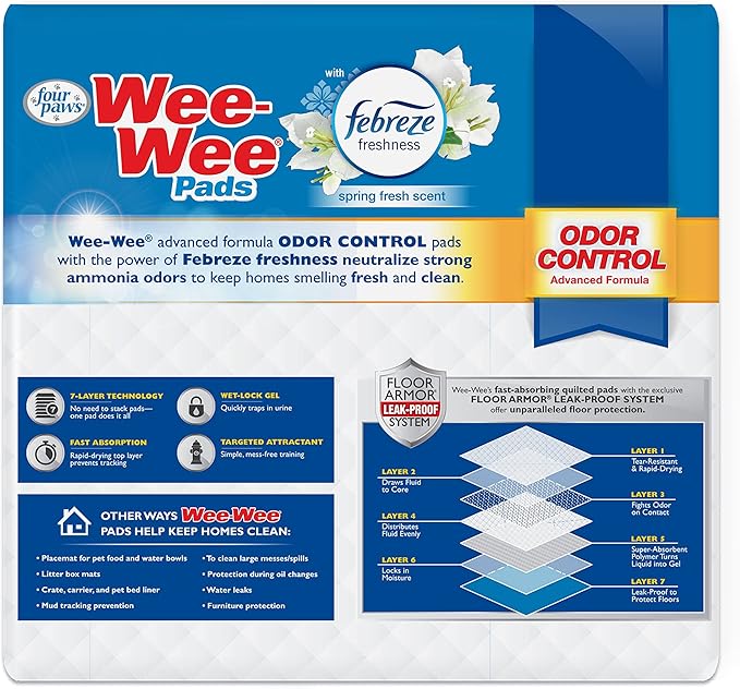Four Paws Wee-Wee Odor Control with Febreze Freshness Pee Pads for Dogs & Puppies, Leak-Proof Dog Housebreaking Potty Training Floor Protection, Spring Fresh Scent, 22" x 23", 10 Count