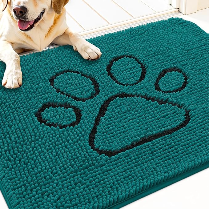 OLANLY Dog Door Mat for Muddy Paws 30x20, Paw Print Design, Absorbs Moisture and Dirt, Absorbent Non-Slip Washable Doormat, Quick Dry Chenille Mud Mat for Dogs, Entry Indoor Entryway Carpet, Lake Blue