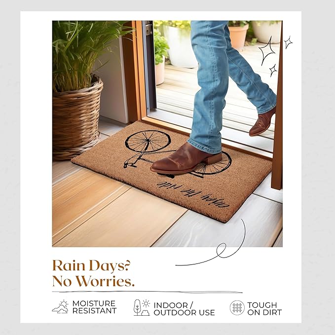 COCONIQ Coir Door Mats 17" X 30", Non-Slip Sturdy, PVC Backed Heavy Duty, Easy to Clean, Ideal for Door Entrance, Patio, Porch, Backyard, Garages, Enjoy The Ride Vintage Bicycle