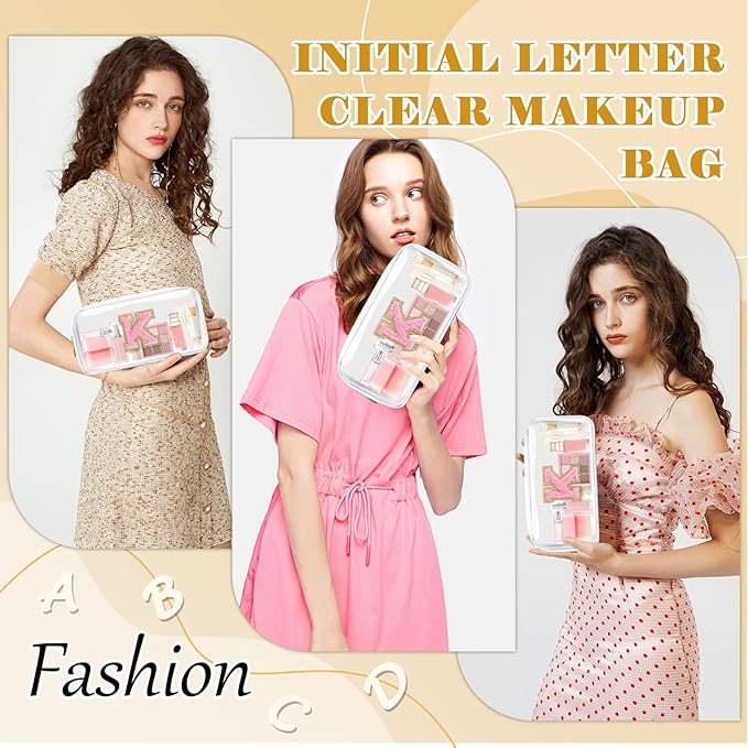 Personalized Initial Letter Clear Makeup Bag,Preppy Small Nylon&PVC Cosmetic Zipper Bag with Chenille Letter,Travel Skincare Toiletry Bag,Monogram Christmas Gift for Teen Girls Women,K