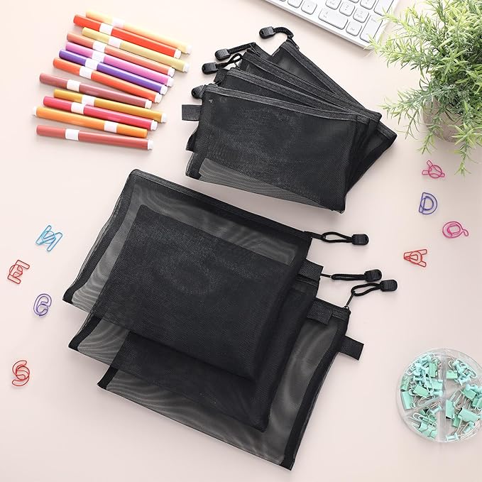 Leelosp 80 Pcs Mesh Zipper Pouch Bulk Back to School Pencil Storage Pouch Mesh Cosmetics Bags Toiletry Makeup Bags for Office Travel Organization(Black,7.7 x 4.7 Inch, 9.5 x 7.1 Inch)