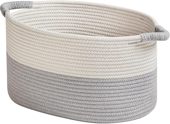 Storage Baskets for Organizing | 15"x10.2"x9.1" - 1 Pack Nursery Bin with Handles - Woven Cotton Rope Baskets for Dog Toys, Books, Shelf, Bathroom,Closet -Stylish Storage |White & Grey