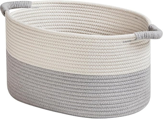 Storage Baskets for Organizing | 15"x10.2"x9.1" - 1 Pack Nursery Bin with Handles - Woven Cotton Rope Baskets for Dog Toys, Books, Shelf, Bathroom,Closet -Stylish Storage |White & Grey