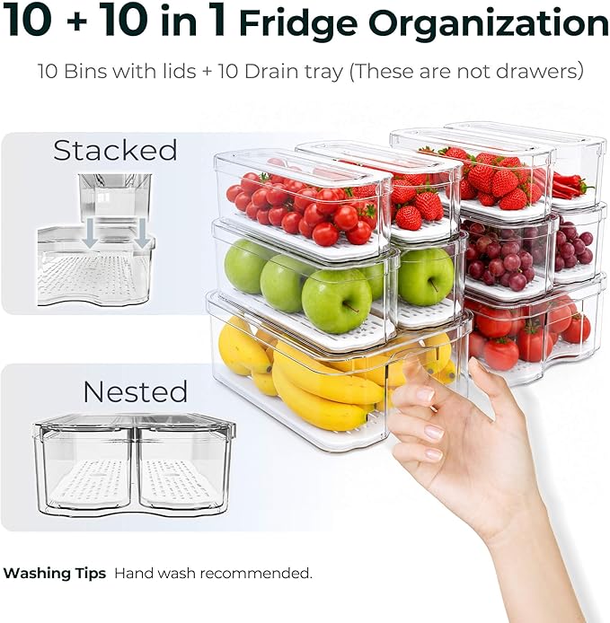 SMRCAD Refrigerator Organizers and Storage, 10 Pack Lidded Fruit Storage Containers for Fridge with Drain Trays, Helps Keep Produce Fresh