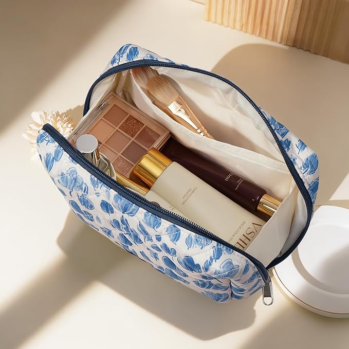 TOPEAST Christmas Gifts for Women Girls - 3Pcs Makeup Bag Large Cotton Travel Make Up Bags, Cute Quilted Floral Cosmetic Organizer Potable Brushes Toiletry Bag Set, Blue Floral