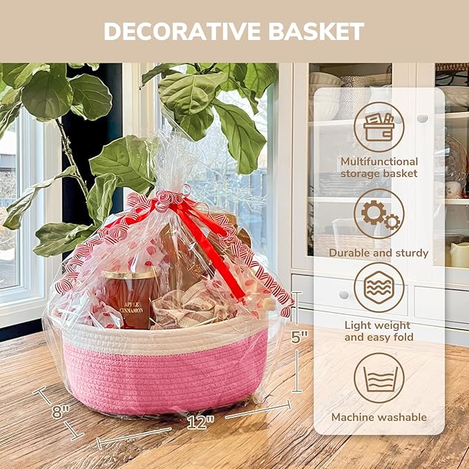CHICVITA Pink Baskets for Gifts Empty, Easter Basket, Baby Gift Basket for Diapers, Cotton Rope Basket for Decor, 12"x 8"x 5"