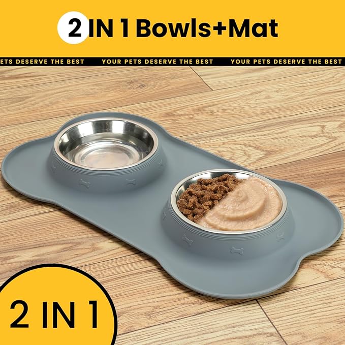 Dog Bowls with Silicone Feeding Mat,No Spill Food Water Dish Set,Dishwasher Safe,2 Stainless Steel Puppy Bowls with Dogs Bandanas,Suitable for Tiny Pets Under 8lbs,Extra Small,Grey