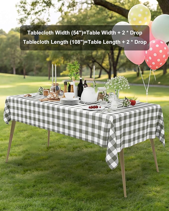 Smiry 12 Packs Gingham Disposable Table Cloth, 54 x 108 Inch Waterproof Plastic Tablecloth, Rectangle Grey and White Checkered Table Covers for Picnic, Birthday, Party