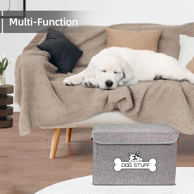 Thankspaw Fabric Dog Toy Box with Lid, Collapsible Storage Bin, Basket Organizer with Handle for Dog Toys, Blankets and Accessories, Grey