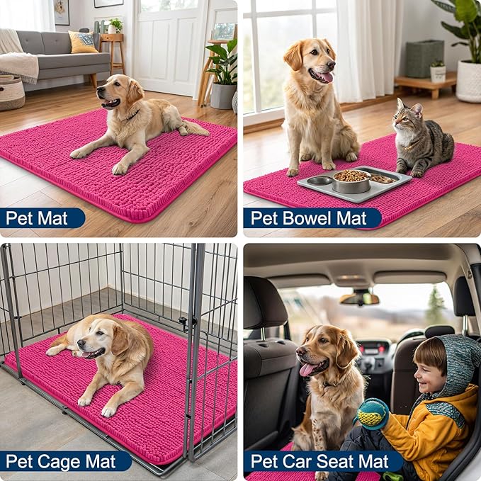 Smiry Dog Door Mat for Muddy Paws 47x24, Absorbs Moisture and Dirt Doormat, Non-Slip Washable Quick Dry Chenille Front Door Mat Indoor Entrance, Entryway Carpet for Inside Floor, Hot Pink