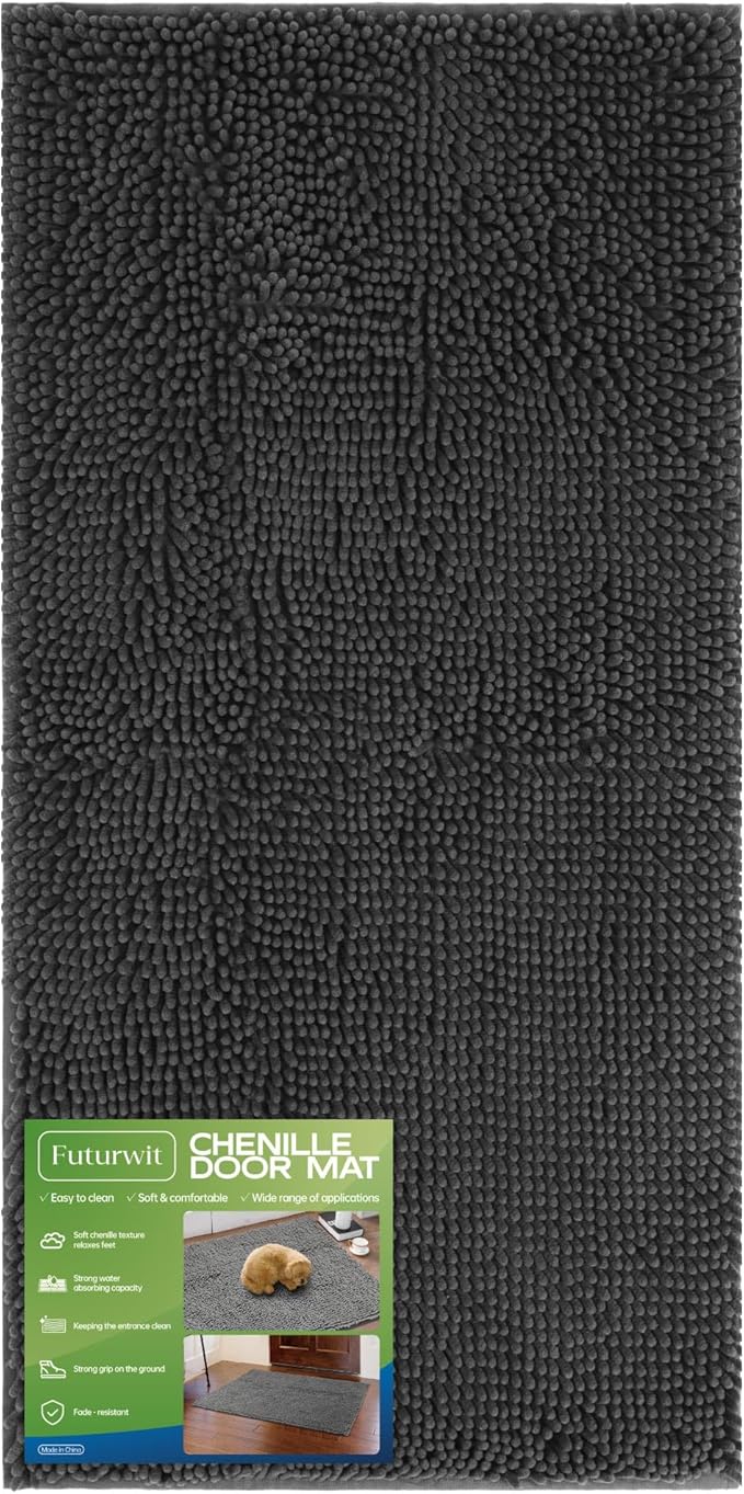 Futurwit Dog Door Mat for Muddy Paws, 60" x 24" Chenille Absorbent Front Door Mat Inside, Large Runner Mud Mat for Dogs, Trap Dirt Washable Non Slip Outdoor Indoor Entrance Doormats, Grey