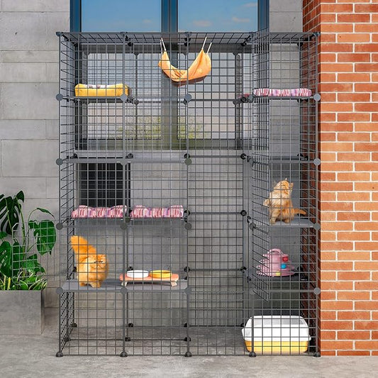 Oneluck Large Outdoor Cat House Catio Enclosure, DIY Cage Kennels Crate Spacious Exercise Place Ideal for 1-6 Cats, 55.1" L x 28.7" W x 69.8" H Balcony Playpen with 16 Platforms Super Large Door
