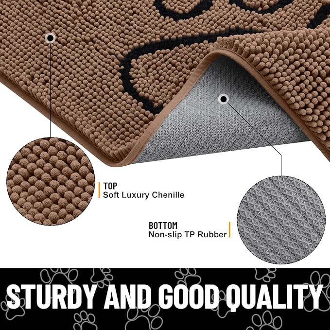 Smiry Dog Door Mat for Muddy Paws, Absorbent Dirt Trapper Non Slip Quick Dry Washable Chenille Mat for Mud Dogs, Entry Rug for Indoor and Outdoor (59x35 Inches, Coffee and Black)