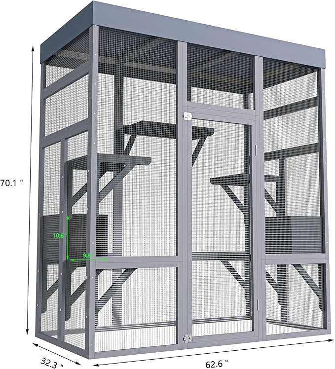 LOVMOR 62.6" Wooden Outdoor Catio for Cats, Large Cat Enclosure with Waterproof Roof, 2 Napping House, Platforms & Rust-Proof Wire – Secure Pet Cage for Backyard or Patio