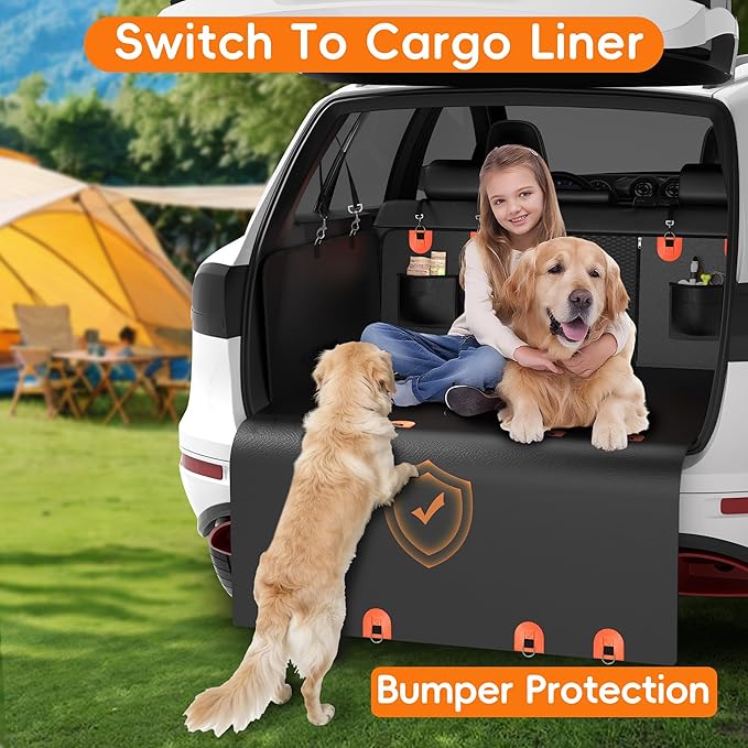 2-In-1 Heavy-Duty Hard Bottom Dog Hammock for Car, 100% Waterproof PU Leather Backseat Cover, Zipper Side Flaps, Non-Slip Extender for Large/Elderly Dogs & Multi-Dog Families,Fits Sedan/SUV/Med.Truck