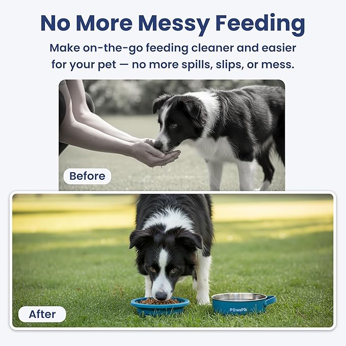 PawsPik 2-in-1 Travel Dog & Cat Bowl – Collapsible BPA-Free Silicone & 18/8 Stainless Steel, Portable & Non-Slip with Handle, Easy to Clean, Food & Water Bowl for On-the-Go Pets (Midnight Summit Blue)