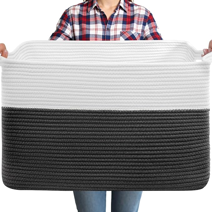 105L XXXL Large Blanket Basket, Rectangular Cotton Rope Basket, Laundry Hamper for Blankets, Pillows, Extra Large Toys Storage Bins for Kids, Dogs 25" x 16" x 16", White & Black