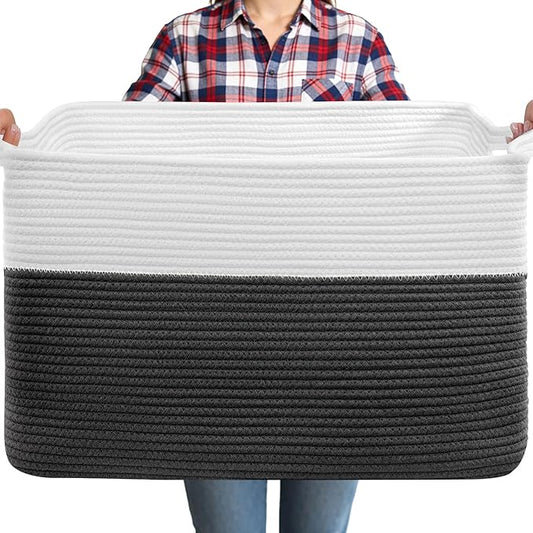 75L Large Blanket Basket, Rectangular Cotton Rope Basket, Laundry Hamper for Blankets, Pillows, Extra Large Toys Storage Bins for Kids, Dogs 22" x 17" x 12", White & Black
