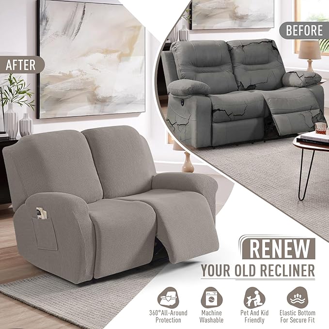 TAOCOCO Recliner Loveseat Slipcover, 6 Pieces Dual Recliner Sofa Covers for 2 Seat Dual Reclining Loveseat Couch, Stretch Soft Jacquard Pattern Furniture Protector with Elasticity (2XL, Pale Brown)