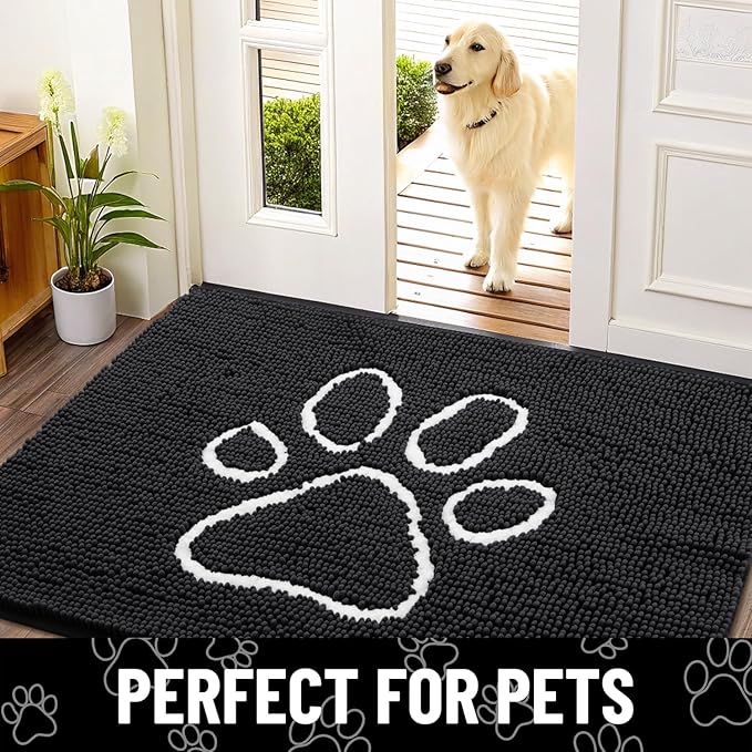 Smiry Dog Door Mat for Muddy Paws, Absorbent Dirt Trapper Non Slip Quick Dry Washable Chenille Mat for Mud Dogs, Entry Rug for Indoor and Outdoor (45x27 Inches, Black and White)
