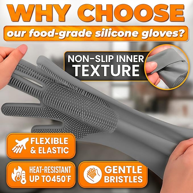 RZleticc Silicone Dish Gloves with Scrubbers – Thick Tear-Resistant Cat & Dog Washing Gloves for Bathing – Multi-Purpose Use